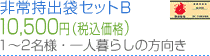 非常持出袋セットB　10,500円（税込価格）　1～2名様・一人暮らしの方向き