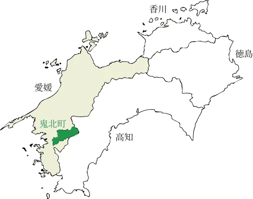 四国の地図、鬼北町は愛媛県南予地域の高地との県境に位置する